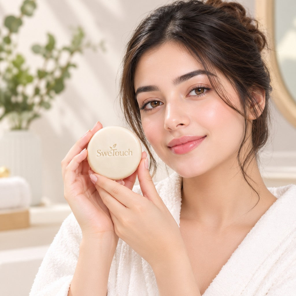Woman in a white robe holding the SweTouch Brightening Cleansing Bar