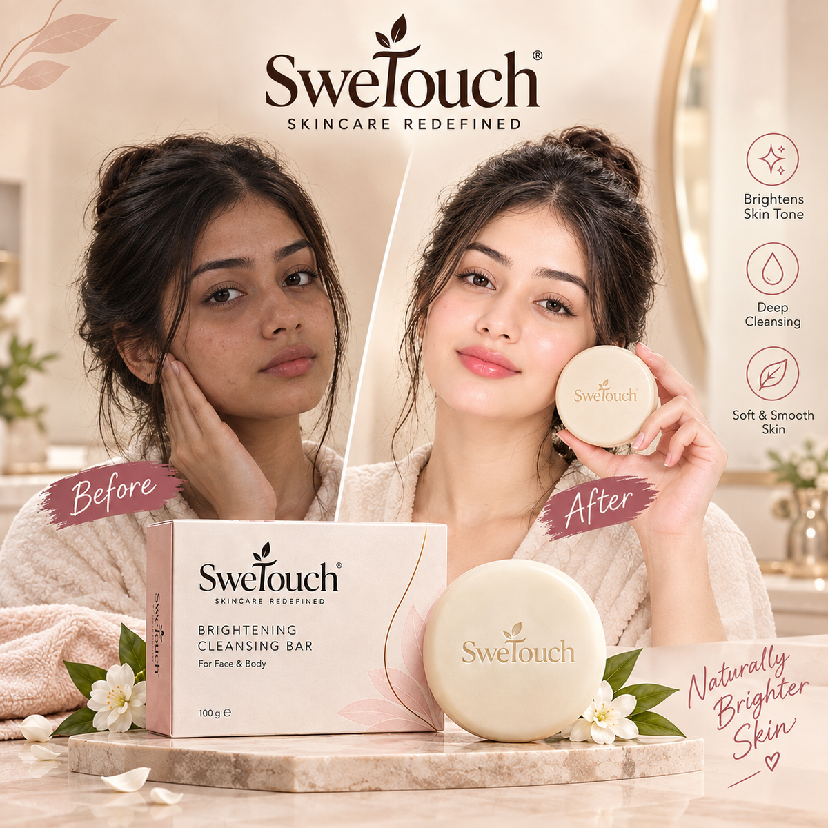 Before and after skincare comparison featuring a woman holding a Swetouch Brightening Cleansing Bar and its box, with text highlighting skin tone and skin smoothness benefits.