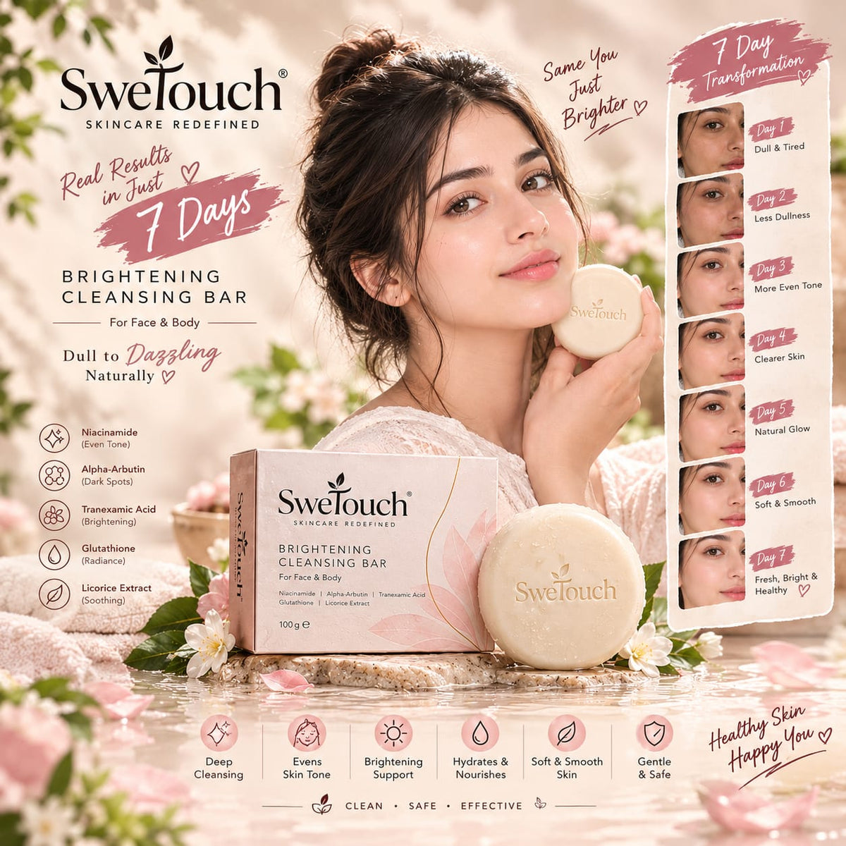 A woman holds a round bar of Swetouch Brightening Cleansing Bar next to its pink and white box, set against a soft floral background with promotional text and before/after skin result graphics.